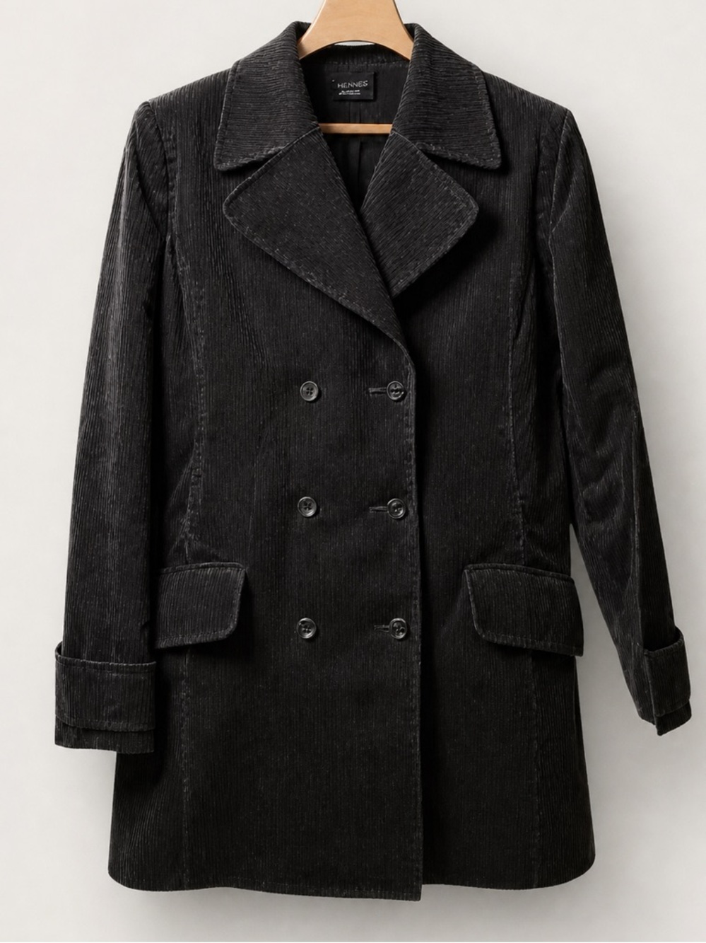 H&M Black Corduroy Pea Coat Longline Double Breasted Minimalist 12